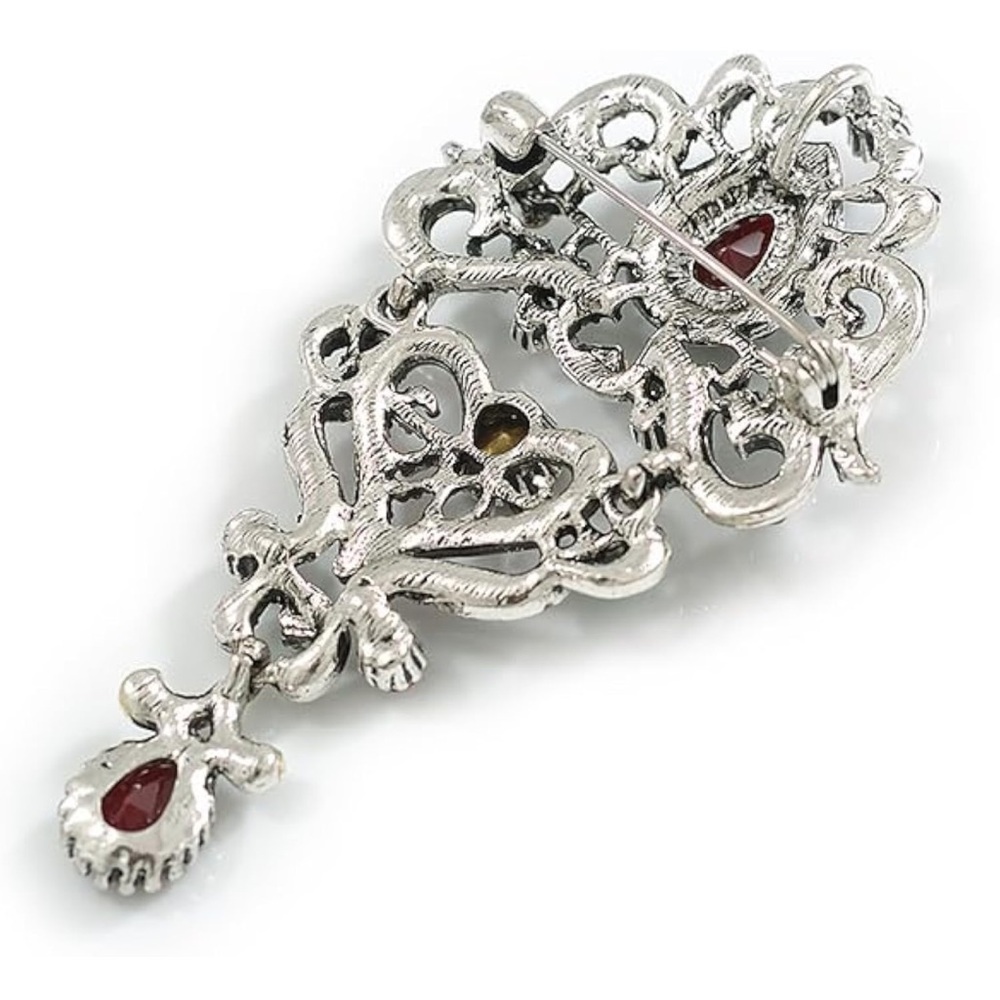 Victorian, Baroque, Gothic Crystal Flower in Aged Silver Tone Brooch, Lapel Pin - Picture 6 of 7